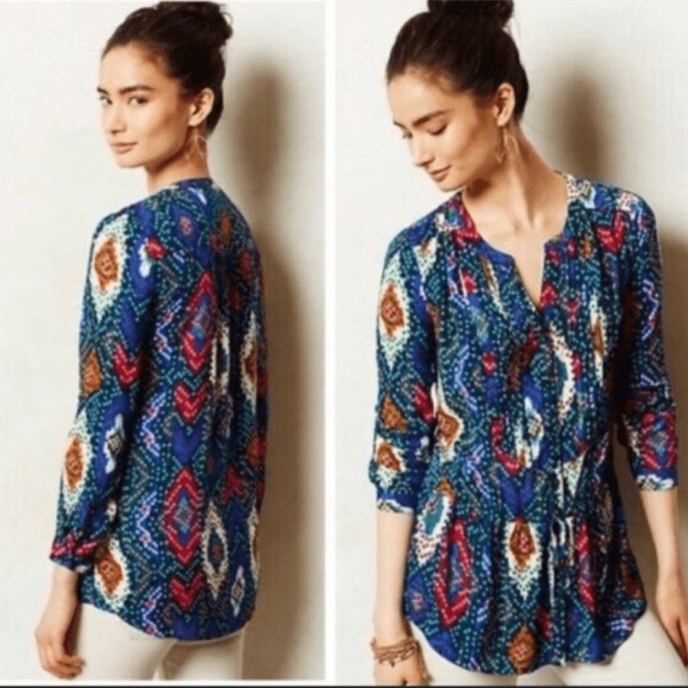 Anthropologie Maeve Vibrant Blue and Red Tunic Topoxte ikat Sz 8